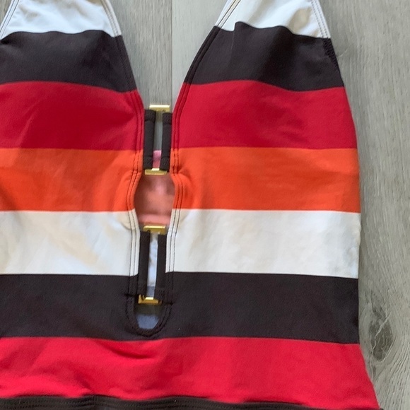 La Blanca Striped Multicolor brown orange One Piece SIZE 8 swimsuit halter‎ neck - Picture 2 of 9
